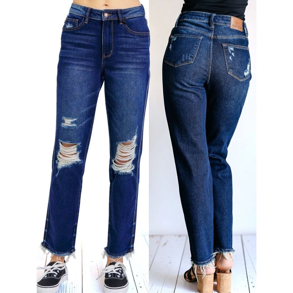 Judy Blue Distressed Straight Leg Jeans High Rise Raw Hem Stretch Rigid Magic